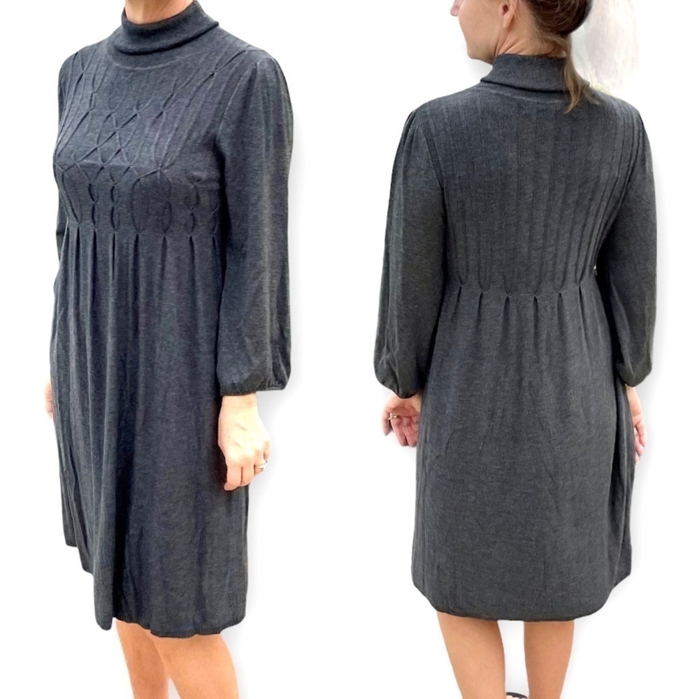 Studio M Charcoal Knit Smocked Sweater Dress, Full long sleeves, gathered, large